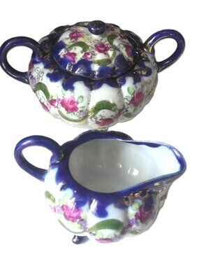 RARE Antique Hand Painted Nippon Cobalt & Rose Footed Creamer & Sugar Gold Gilt